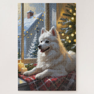 American Eskimo With Christmas Lights Holiday Jigsaw Puzzle