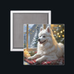 American Eskimo With Christmas Lights Holiday Magnet<br><div class="desc">A heartwarming holiday scene featuring a dog sitting peacefully beside a window,  surrounded by glowing Christmas lights. This cozy and festive design captures the spirit of the season,  perfect for adding warmth and charm to any space. Ideal for dog lovers and holiday decor enthusiasts.</div>
