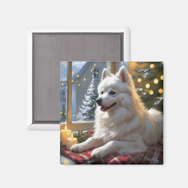 American Eskimo With Christmas Lights Holiday Magnet (Front/Back)