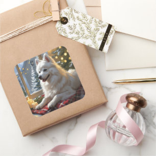 American Eskimo With Christmas Lights Holiday Square Sticker