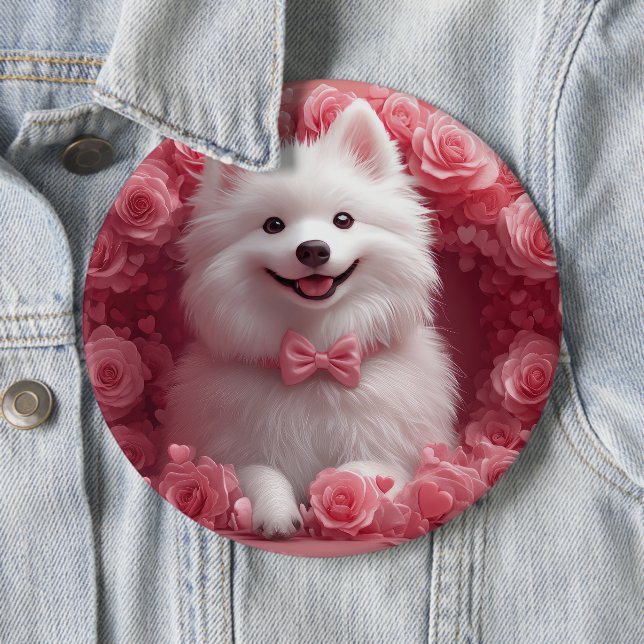 American Eskimo with Roses - Valentine's Day 6 Inch Round Button (In Situ)