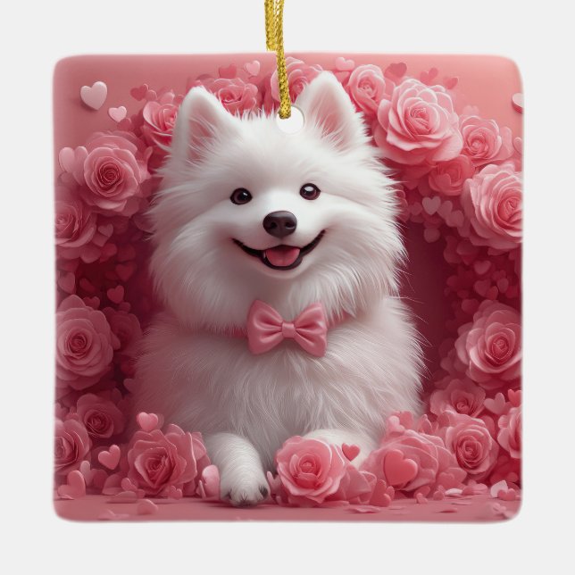 American Eskimo with Roses - Valentine's Day Ceramic Ornament (Front)