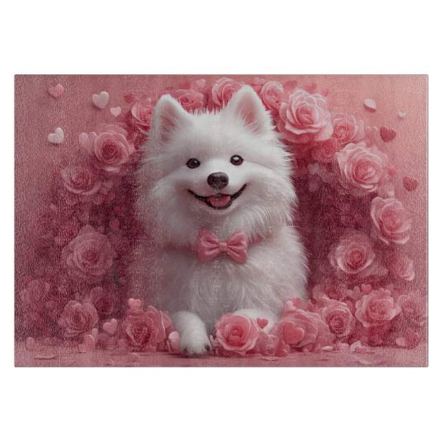 American Eskimo with Roses - Valentine's Day Cutting Board (Front)