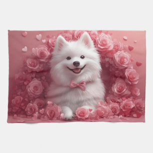 American Eskimo with Roses - Valentine's Day Kitchen Towel