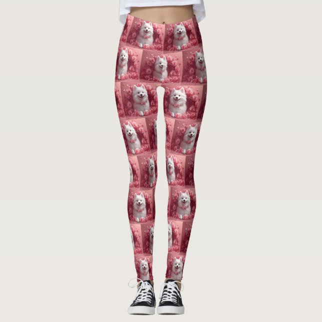 American Eskimo with Roses - Valentine's Day Leggings (Front)