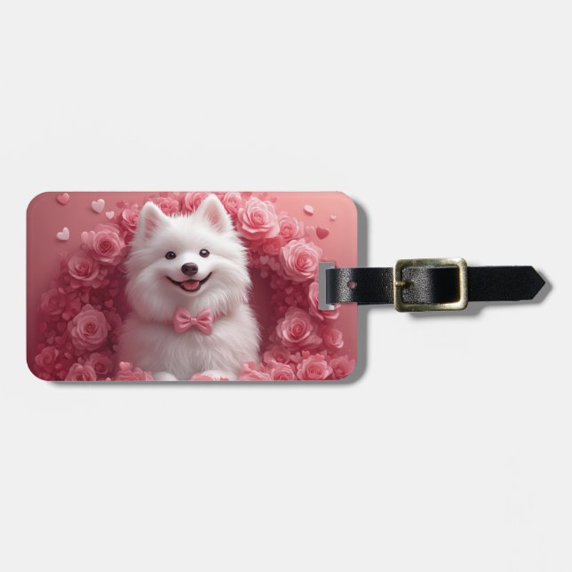 American Eskimo with Roses - Valentine's Day Luggage Tag (Front Horizontal)