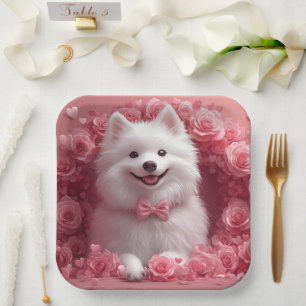 American Eskimo with Roses - Valentine's Day Paper Plate