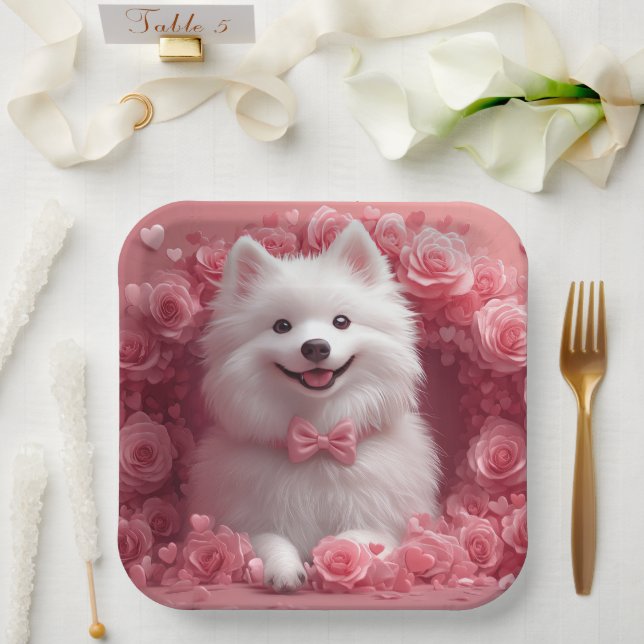 American Eskimo with Roses - Valentine's Day Paper Plate (Wedding)