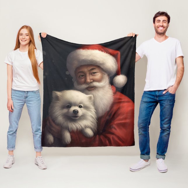 American Eskimo with Santa Claus Festive Christmas Fleece Blanket (In Situ)