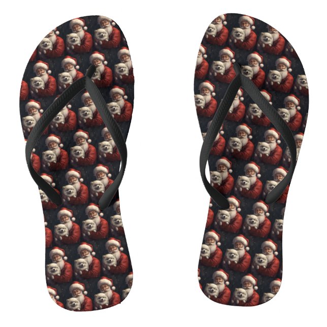 American Eskimo with Santa Claus Festive Christmas Flip Flops (Footbed)