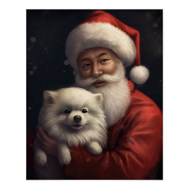 American Eskimo with Santa Claus Festive Christmas Poster (Front)