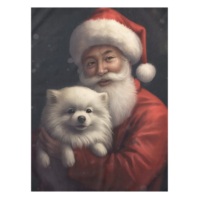 American Eskimo with Santa Claus Festive Christmas Tablecloth (Front)