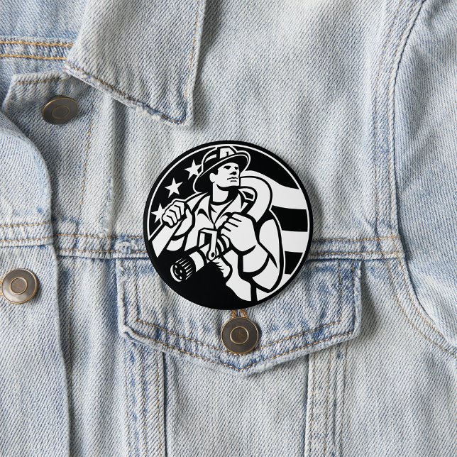 American Firefighter Hero Bold Black And White  3 Inch Round Button (Creator Uploaded)