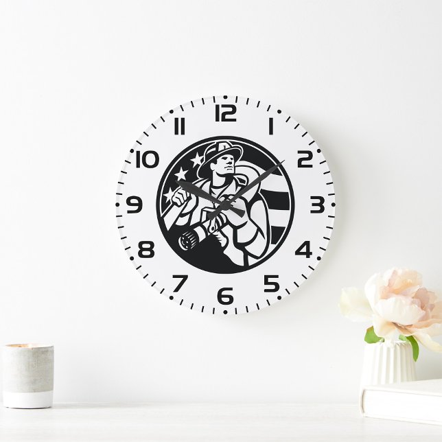 American Firefighter Hero Bold Black And White  Large Clock (Creator Uploaded)