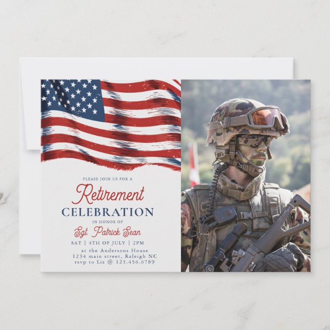  American Flag 4th of July Army Photo Retirement Invitation (Front)