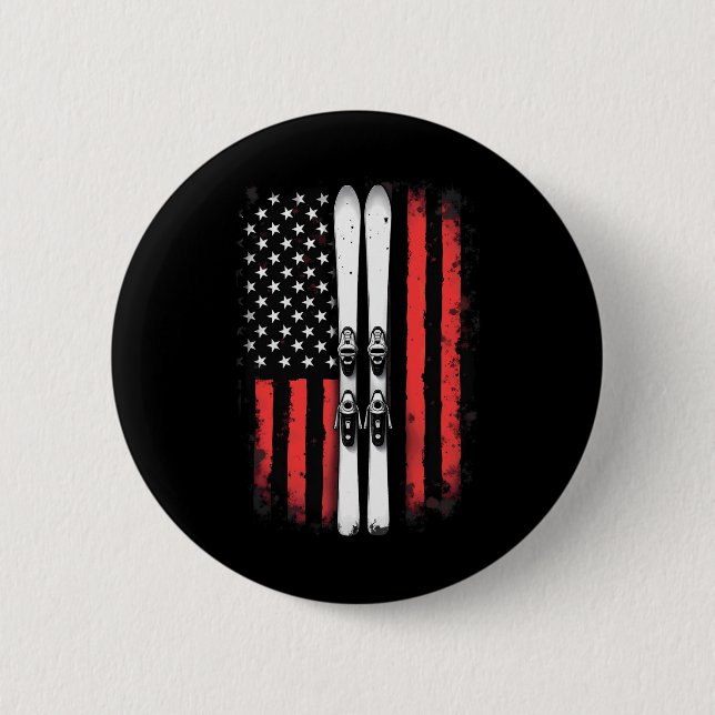 American Flag Alpine Skiing Skier  2 Inch Round Button (Front)