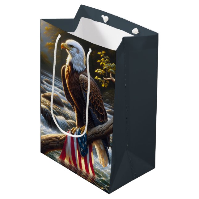 American Flag and Bald Eagle for Birthday Medium Gift Bag (Front Angled)