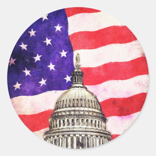 American Flag And Capitol Building Classic Round Sticker (Front)