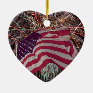 American Flag and Fireworks Ceramic Ornament