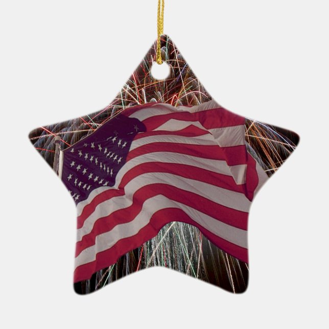 American Flag and Fireworks Ceramic Ornament (Front)