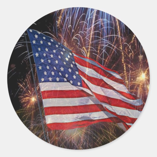 American Flag And Fireworks Design Classic Round Sticker (Front)