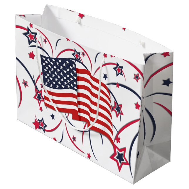 American Flag and Fireworks Large Gift Bag (Back Angled)