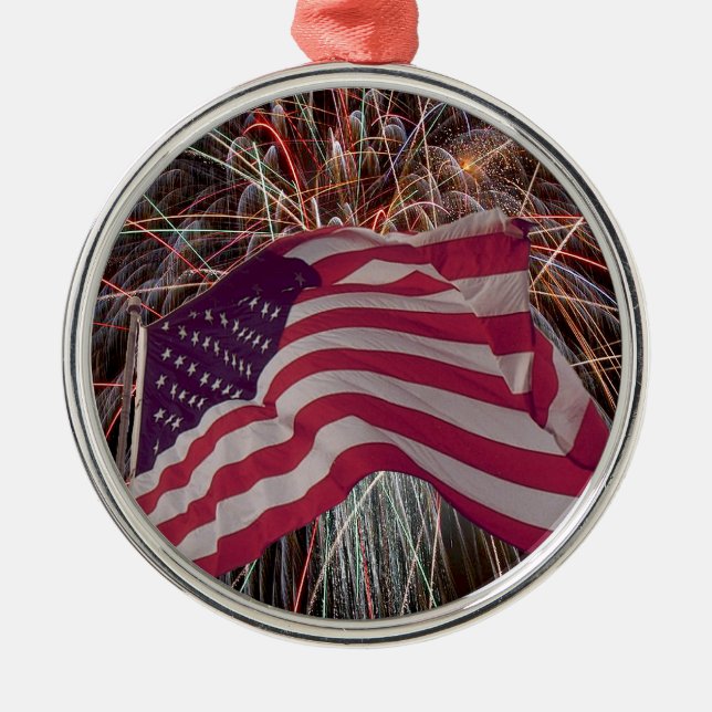 American Flag and Fireworks Metal Ornament (Front)