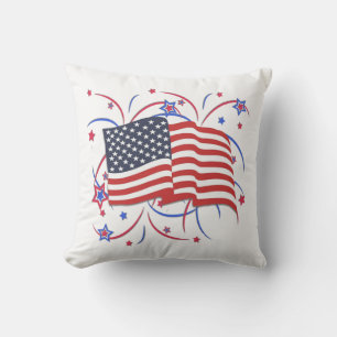 American Flag and Fireworks Outdoor Pillow
