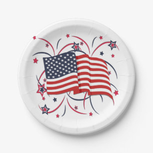 American Flag and Fireworks Paper Plate