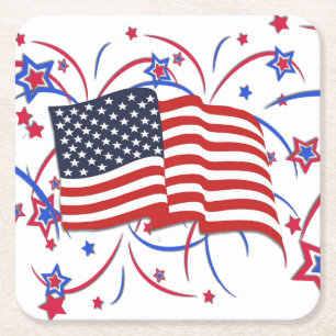 American Flag and Fireworks Square Paper Coaster