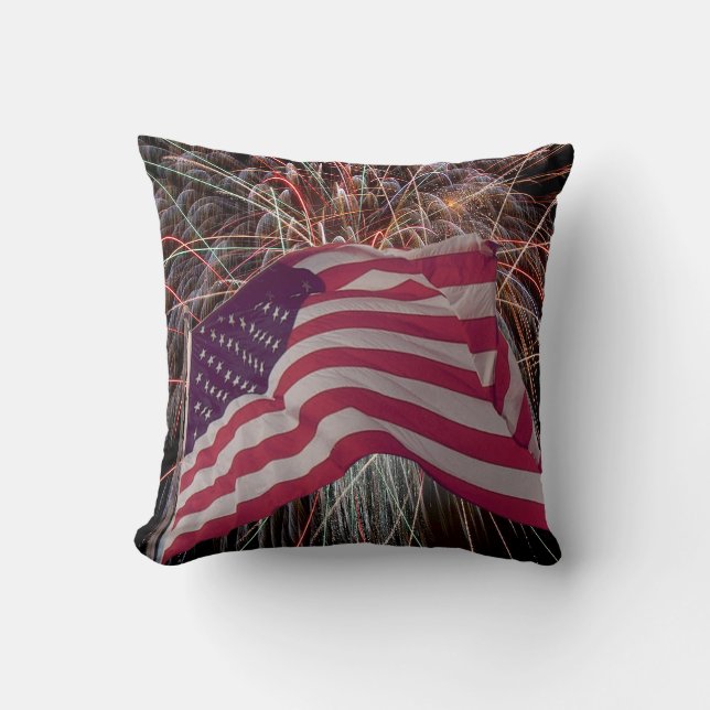 American Flag and Fireworks Throw Pillow (Front)