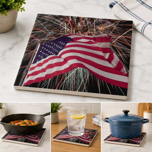 American Flag and Fireworks Tile (American Flag and Fireworks Ceramic Tile)