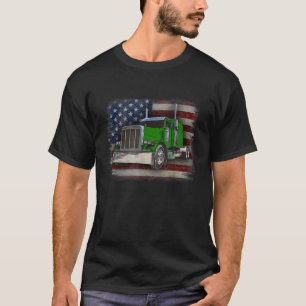 American Flag and Green Big Rig Patriotic Trucker T-Shirt