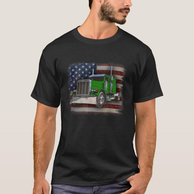 American Flag and Green Big Rig Patriotic Trucker T-Shirt (Front)