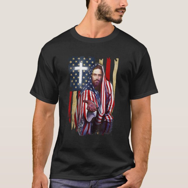 American Flag And Jesus Happy Independence Day 4th T-Shirt (Front)