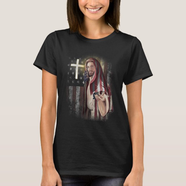 American Flag And Jesus Happy Independence Day 4th T-Shirt (Front)