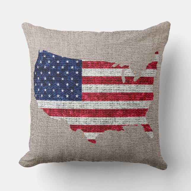 American Flag and Map Burlap Linen Rustic Jute #2 Throw Pillow (Front)