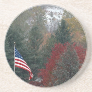American Flag and Mountains with fall snow Coaster