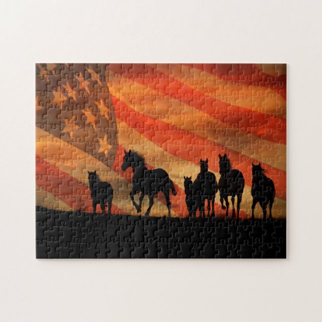 American Flag and Mustangs Wild Jigsaw Puzzle (Horizontal)