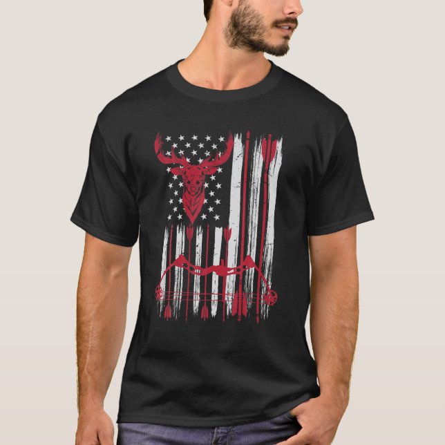 American Flag Archery Bow Deer Bowhunting Hunting T-Shirt (Front)