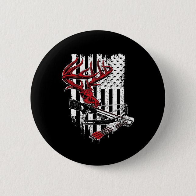 American Flag Archery Bow Hunting  Deer Skull Cros 2 Inch Round Button (Front)