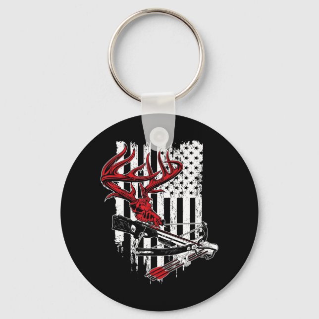 American Flag Archery Bow Hunting  Deer Skull Cros Keychain (Front)