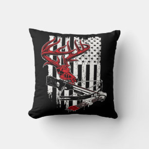 American Flag Archery Bow Hunting  Deer Skull Cros Throw Pillow