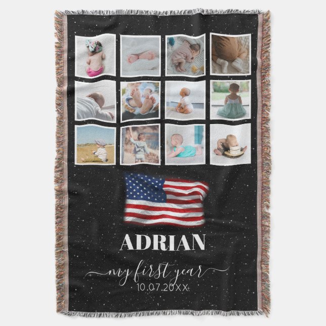 American Flag Baby First Year Photo Collage Throw Blanket (Front Vertical)