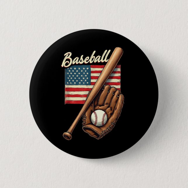American Flag Baseball Player Bat Fan Catcher Pitc 2 Inch Round Button (Front)