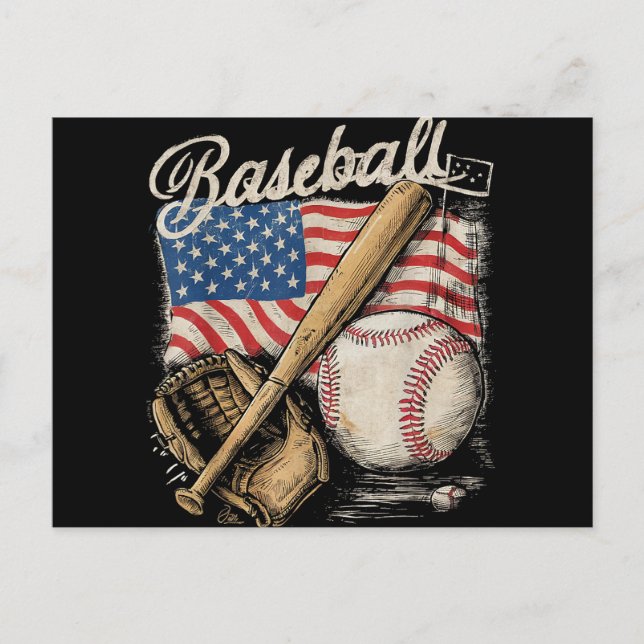 American Flag Baseball Player Bat Fan Catcher Pitc Holiday Postcard (Front)