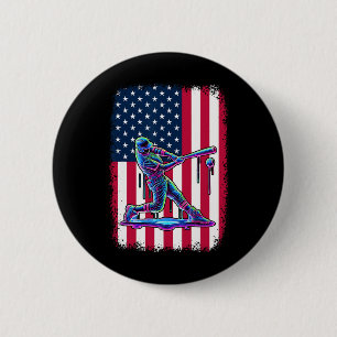 American Flag Baseball Player Bat Patriotic 4th Of 2 Inch Round Button