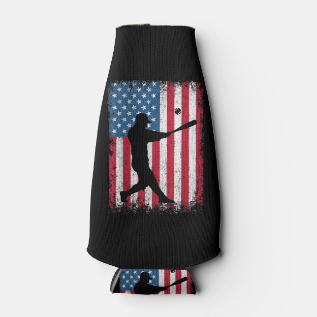 American Flag Baseball Team Gift for Men Boys Girl Bottle Cooler (Front)