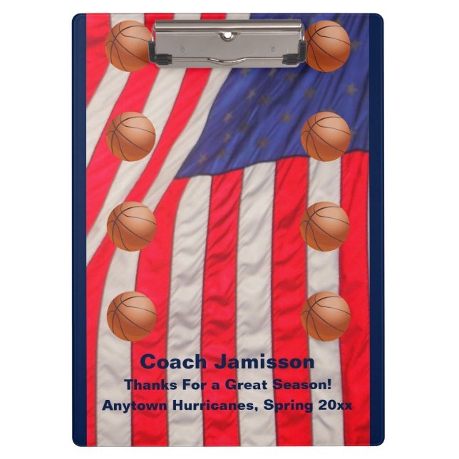 American Flag, Basketball Team Coach Thank You Clipboard (Front)