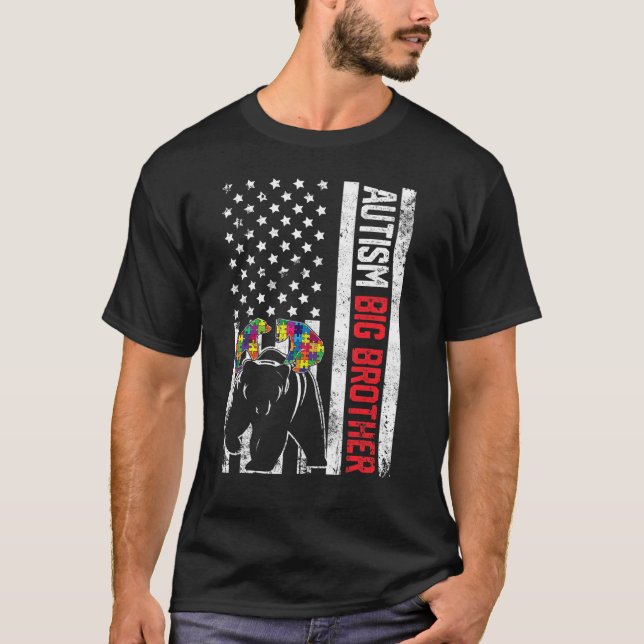 American Flag Big Brother Bear Autism Awareness Fa T-Shirt (Front)